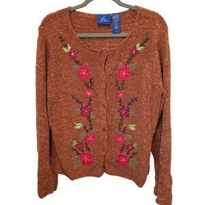 Rust Brown Floral Embroidered Knit Cardigan Boho Fall Vintage Vibe Size Medium